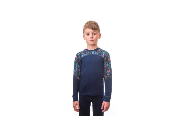 Sensor Merino Impress Set dětské triko dlouhý rukáv + kalhoty deep blue/floral