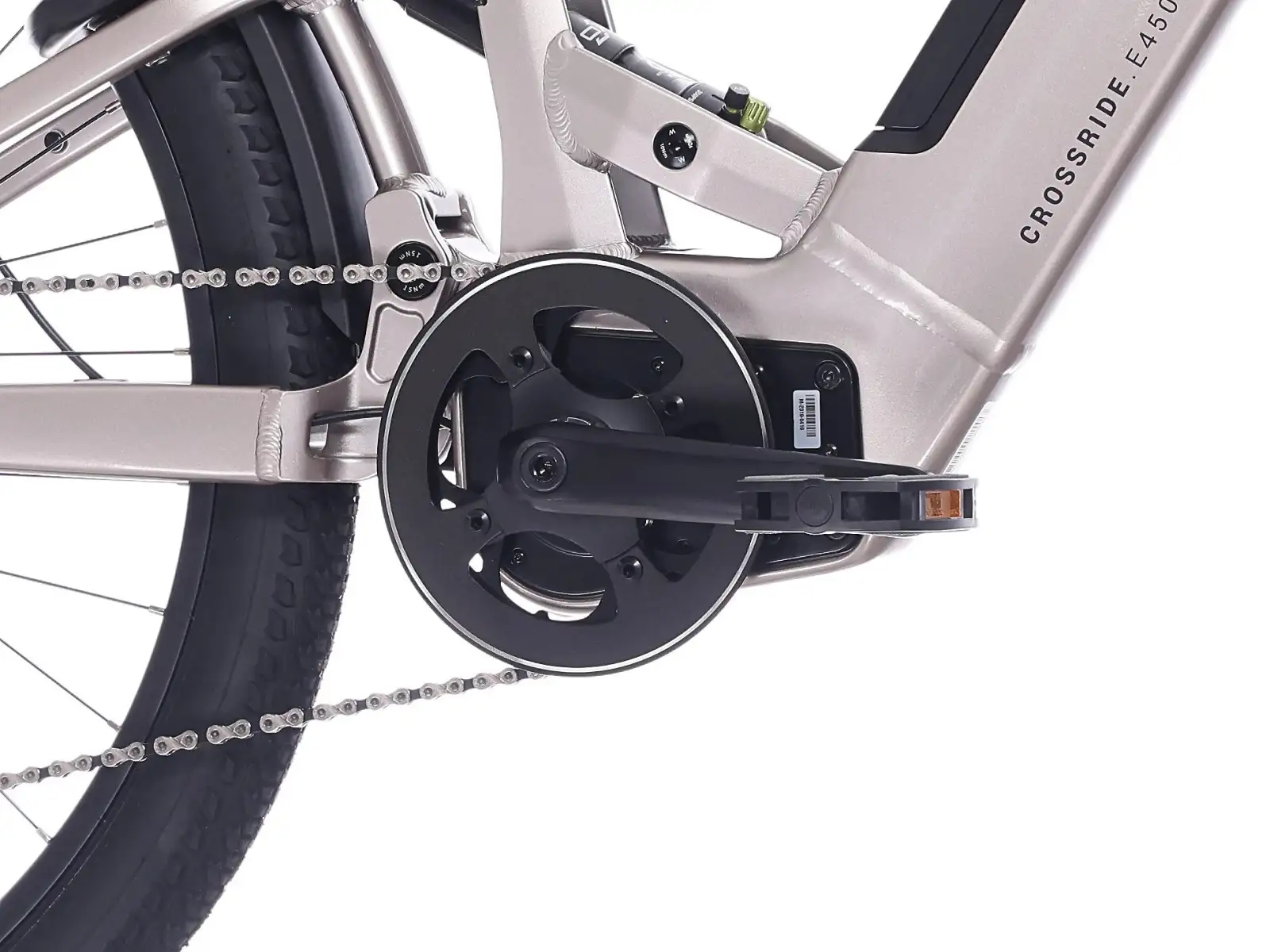 Rock Machine Crossride e450 FS nízkonástupové celoodpružené elektrokolo Sand Grey/Black