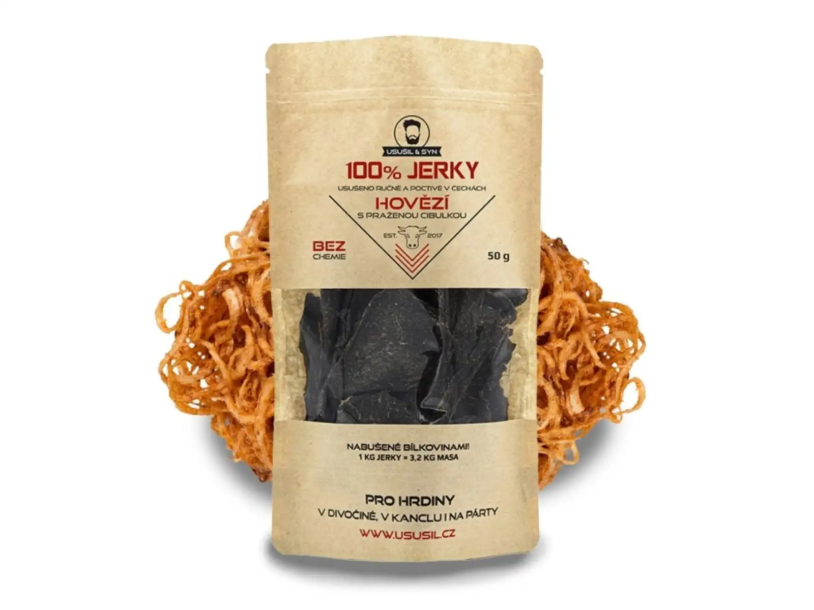 Usušil & syn 100% JERKY Hovězí s praženou cibulkou 50 g