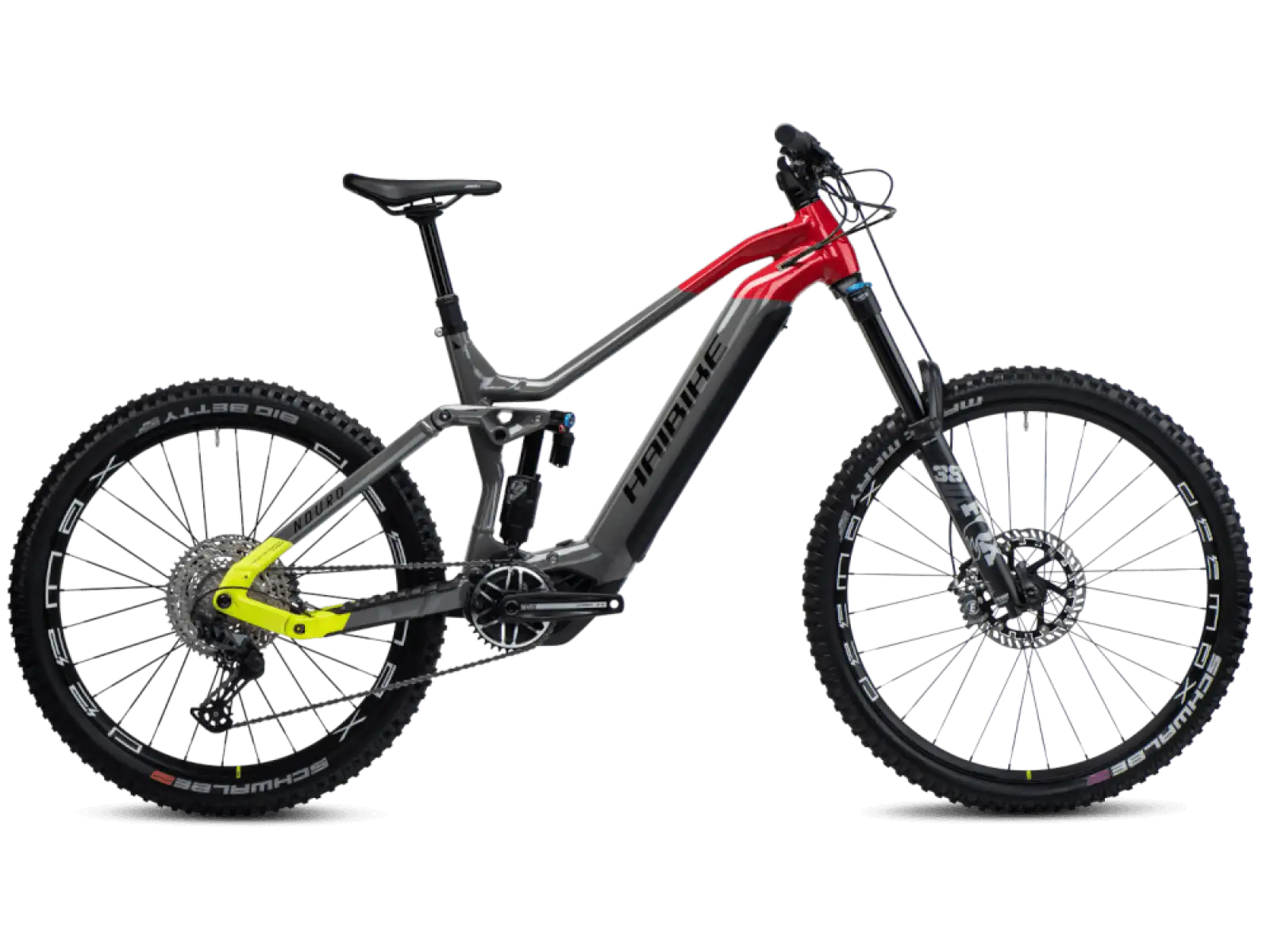 Haibike Nduro 7 Gloss Grey Red Lime celoodpružené elektrokolo