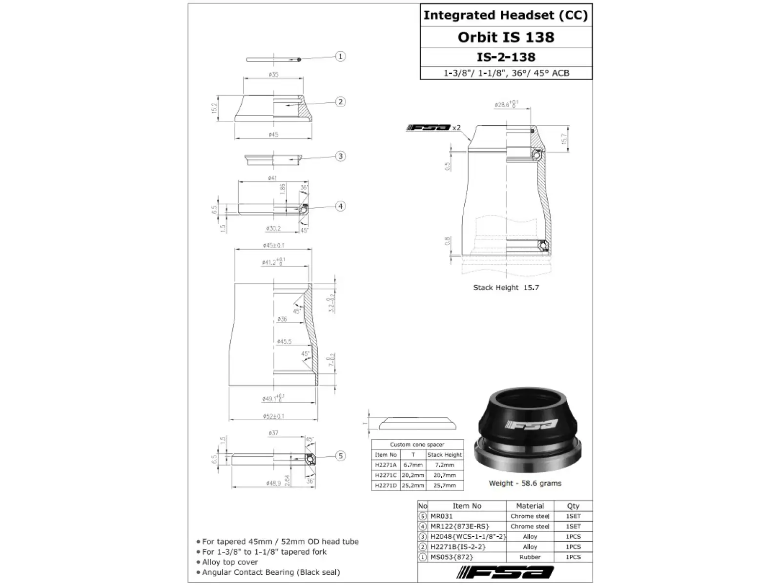 FSA ORBIT IS 1 3/8" hlavové složení 15,2 mm AL