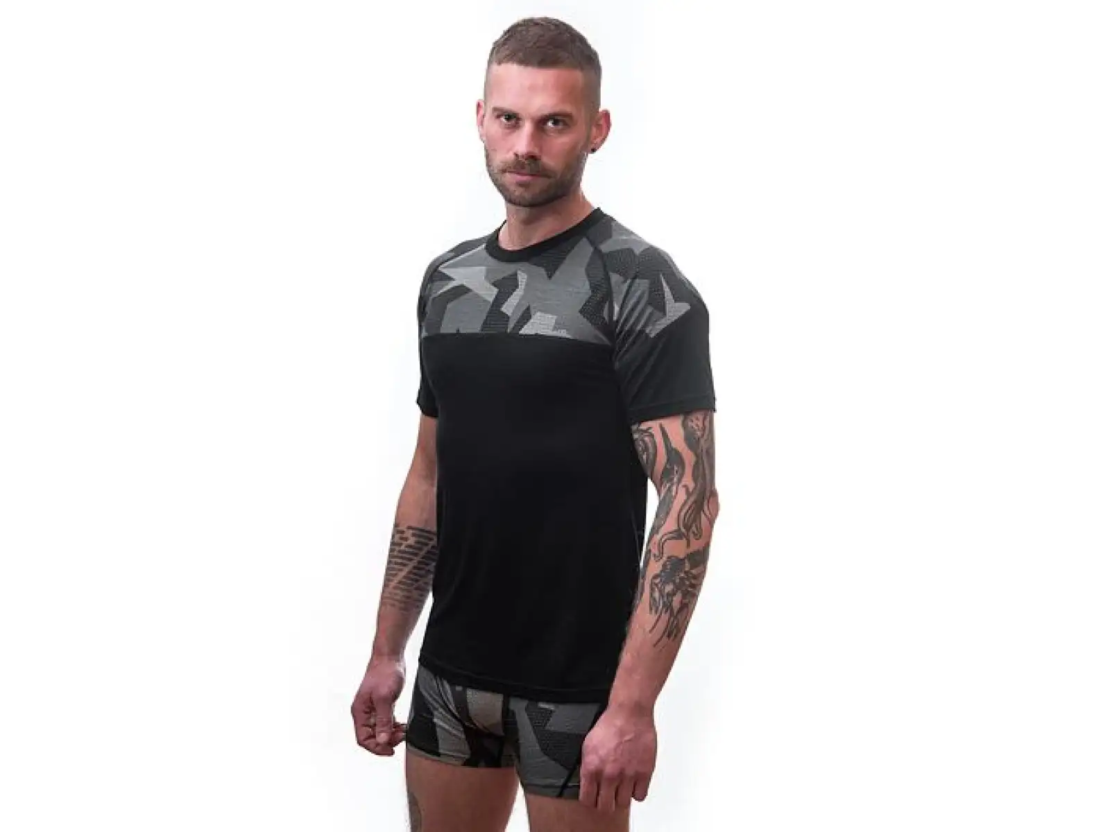 Sensor Merino Impress pánské triko krátký rukáv černá/Camo