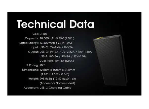 Nitecore výkonná Powerbanka CARBO 20000, USB-C, 20000 mAh