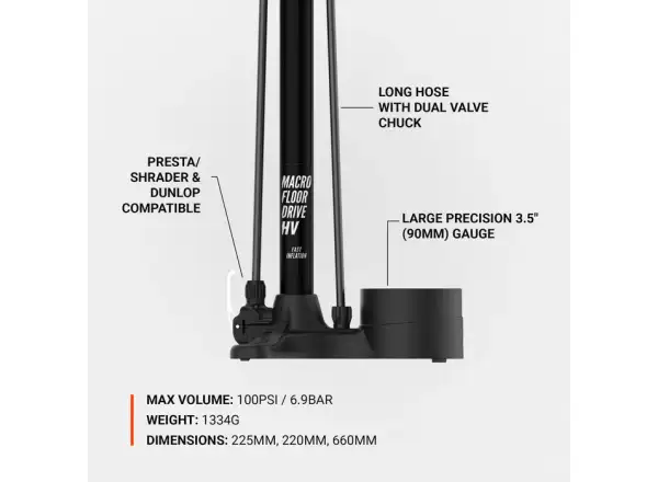 Lezyne Macro HV Floor Drive DV dílenská pumpa Flat Black