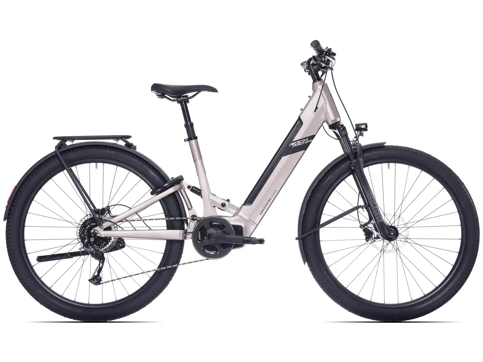 Rock Machine Crossride e450 FS nízkonástupové celoodpružené elektrokolo Sand Grey/Black