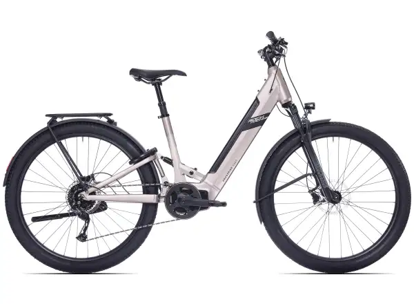 Rock Machine Crossride e450 FS nízkonástupové celoodpružené elektrokolo Sand Grey/Black