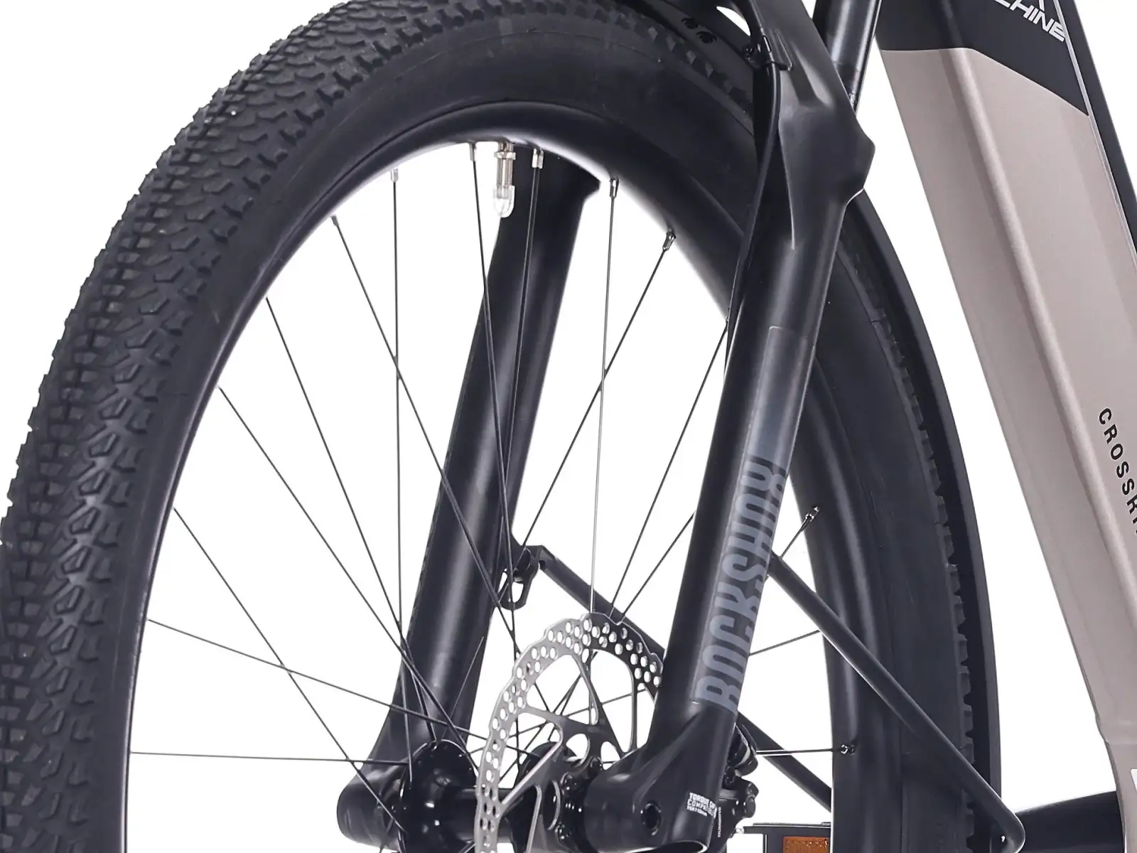 Rock Machine Crossride e450 FS nízkonástupové celoodpružené elektrokolo Sand Grey/Black
