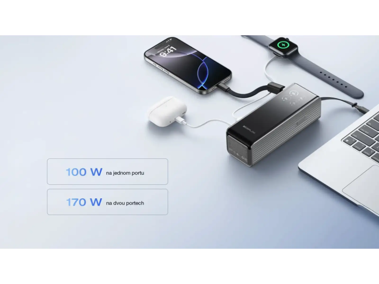 EcoFlow Rapid Power Banka (25000mAh,170W) 2x100W vestavěný USB-C kabel - stříbrná