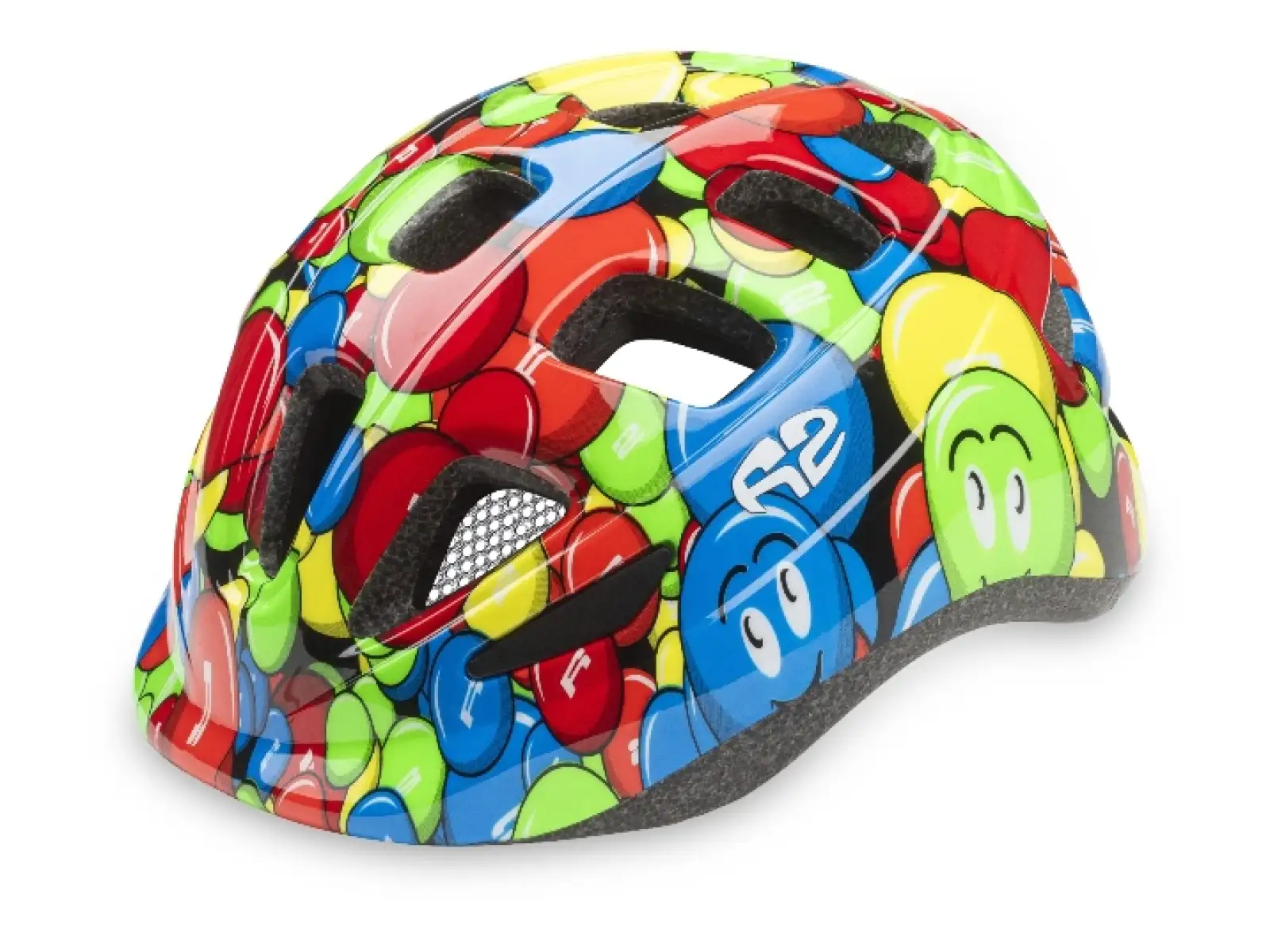 R2 Bunny dětská cyklistická přilba neon zelená/modrá/červená