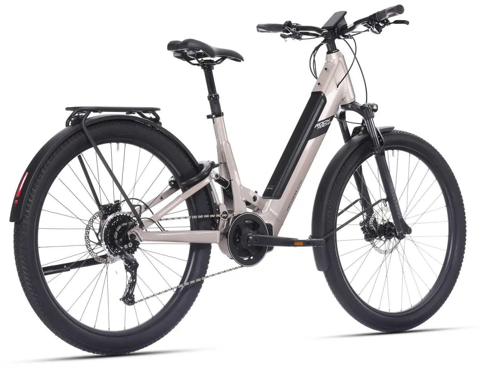 Rock Machine Crossride e450 FS nízkonástupové celoodpružené elektrokolo Sand Grey/Black