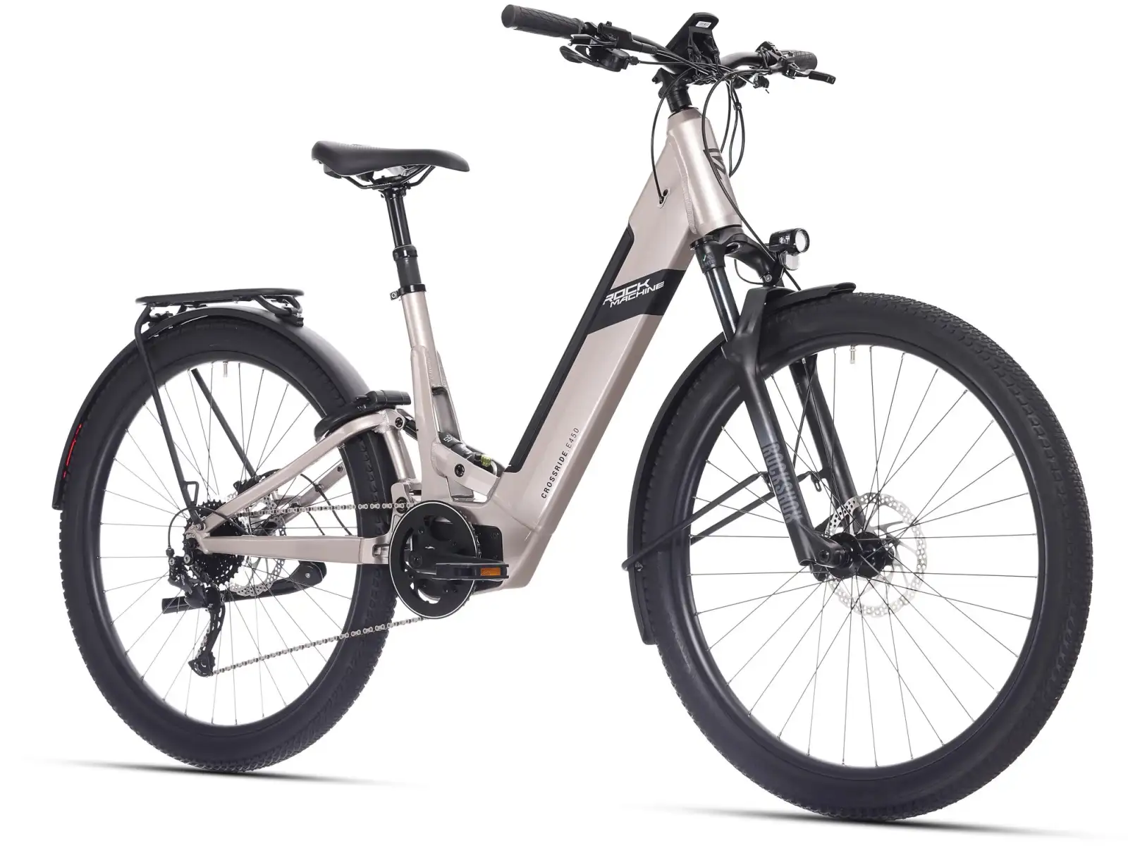 Rock Machine Crossride e450 FS nízkonástupové celoodpružené elektrokolo Sand Grey/Black