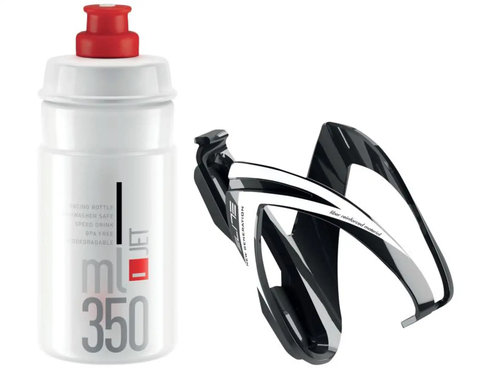Elite Kit Ceo sada košíku a láhve 350 ml Black Glossy/White Graphic/Clear logo Red