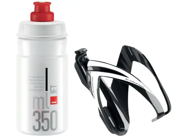 Elite Kit Ceo sada košíku a láhve 350 ml Black Glossy/White Graphic/Clear logo Red