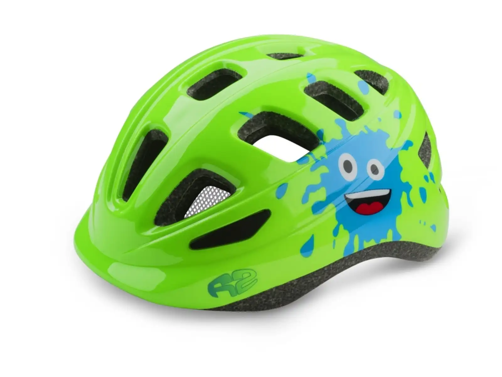 R2 Bunny dětská cyklistická přilba neon zelená/modrá