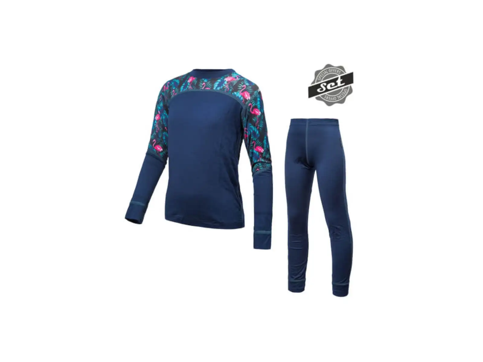 Sensor Merino Impress Set dětské triko dlouhý rukáv + kalhoty deep blue/floral