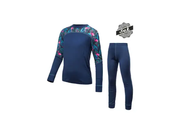 Sensor Merino Impress Set dětské triko dlouhý rukáv + kalhoty deep blue/floral