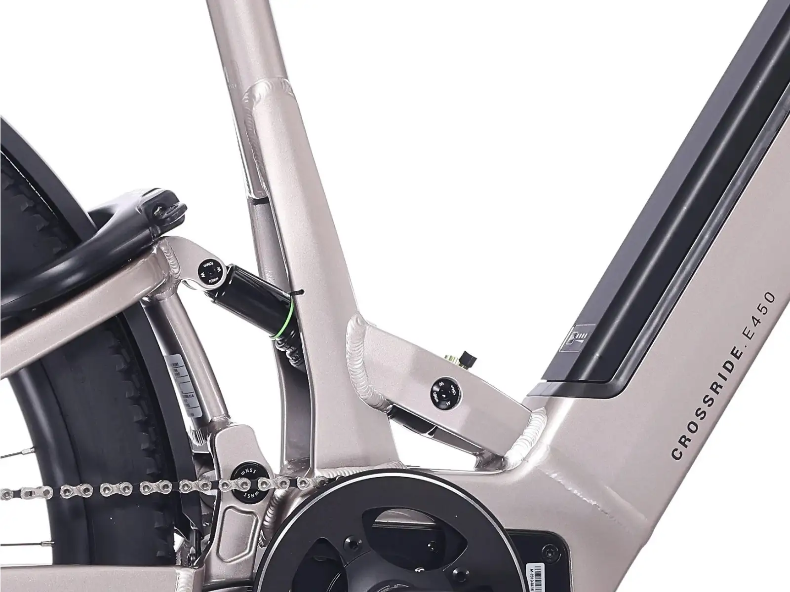 Rock Machine Crossride e450 FS nízkonástupové celoodpružené elektrokolo Sand Grey/Black