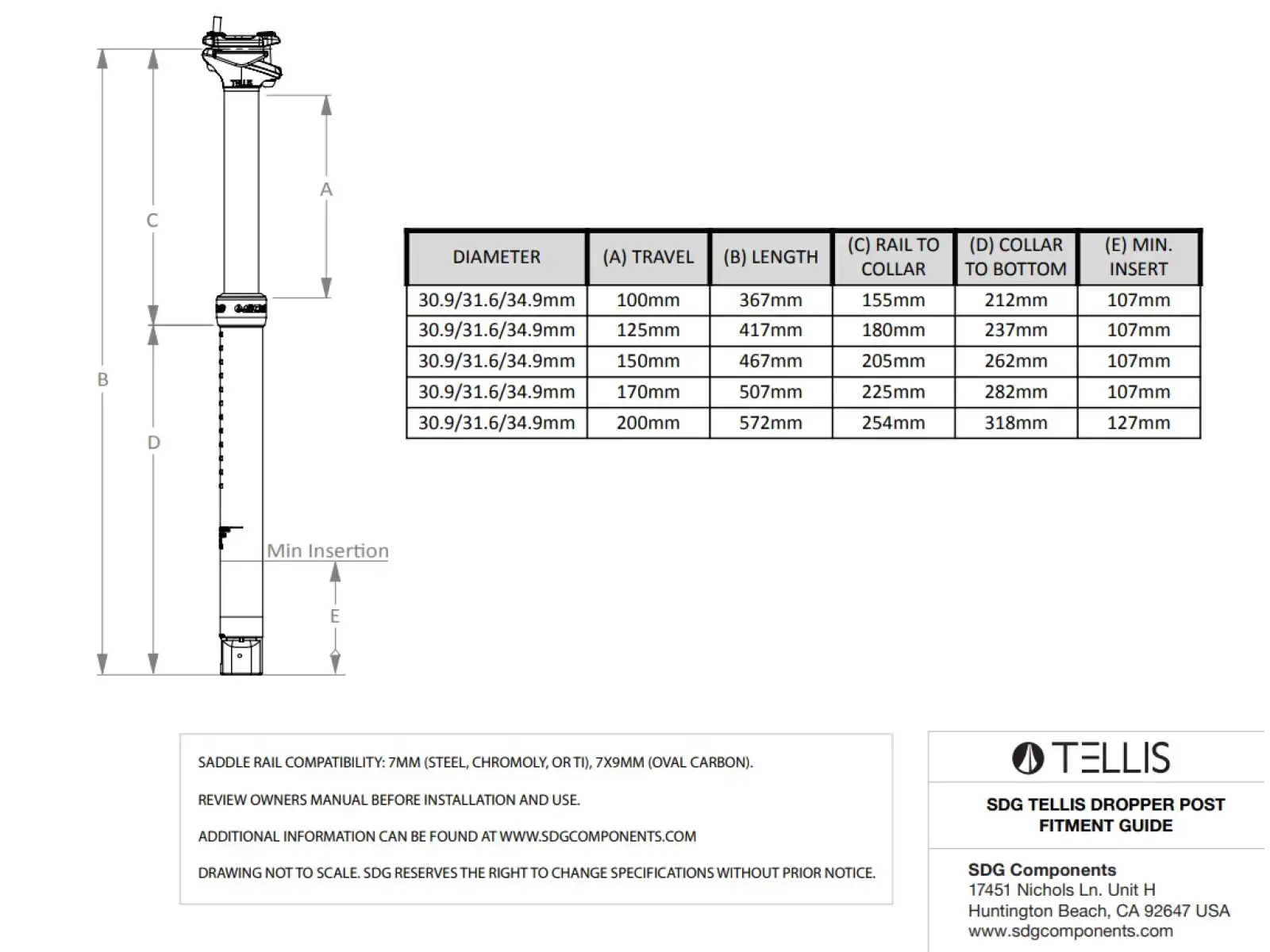 SDG Tellis 200 mm teleskopická sedlovka 30,9 x 572 mm