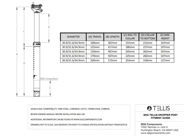 SDG Tellis 200 mm teleskopická sedlovka 30,9 x 572 mm