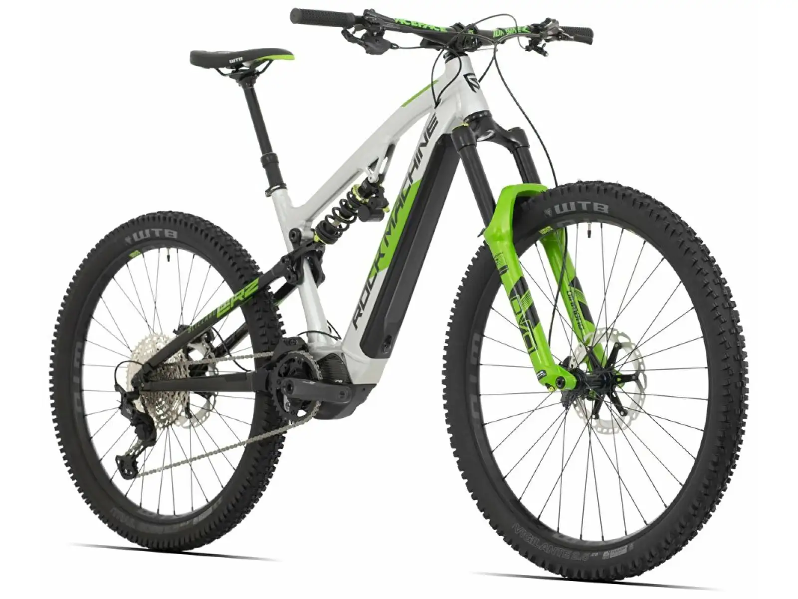 Rock Machine Blizzard INT e90-297 Gloss Silver/Black/Green celoodpružené elektrokolo