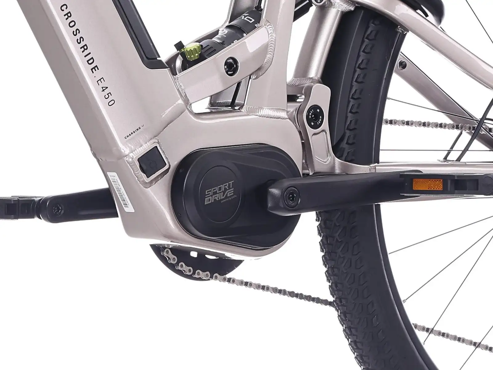 Rock Machine Crossride e450 FS nízkonástupové celoodpružené elektrokolo Sand Grey/Black