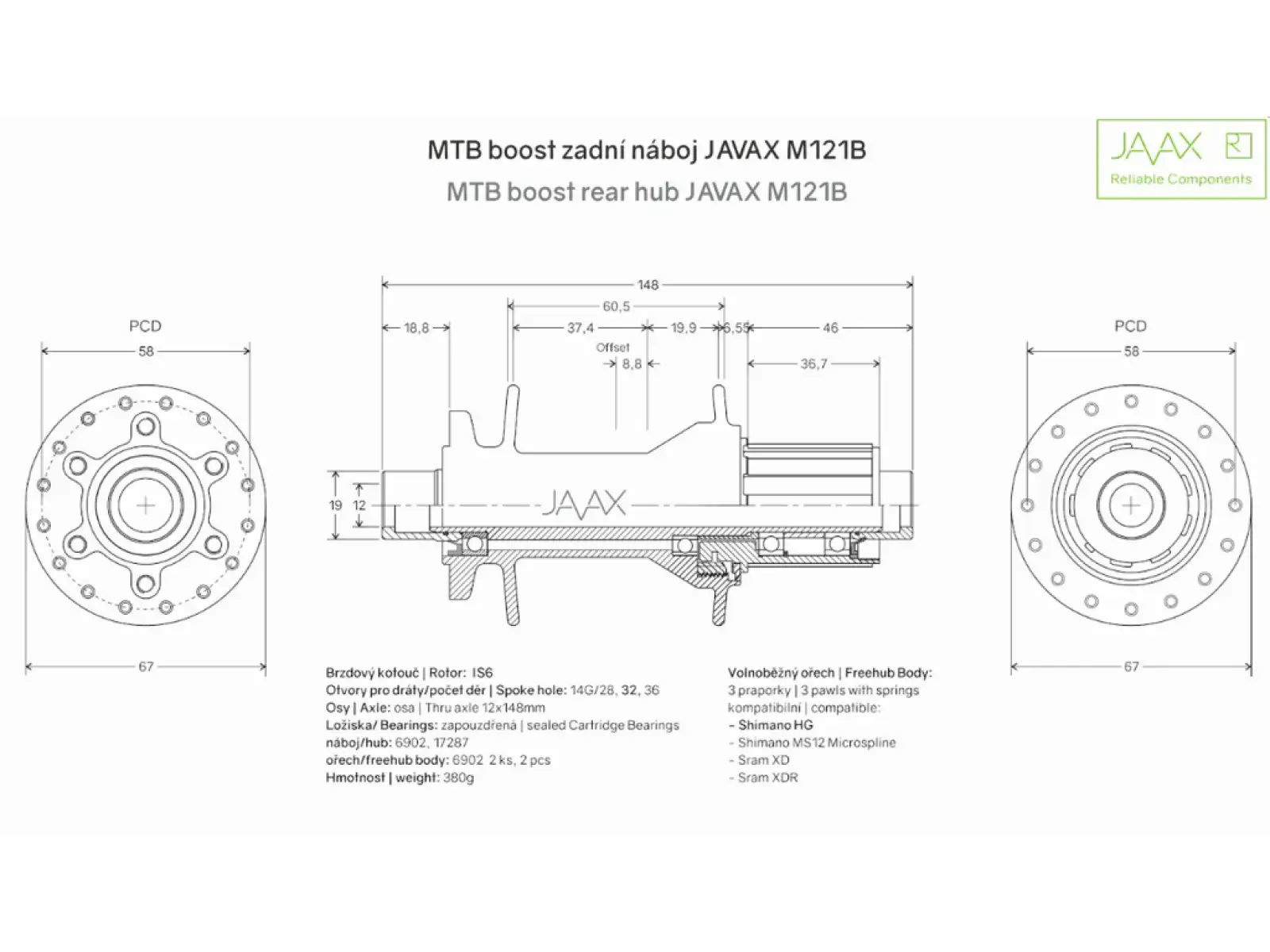 Javax zadní Boost náboj M121B Disc 6 děr 32 děr Shimano 12x148 mm