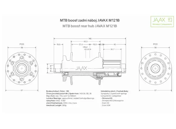 Javax zadní Boost náboj M121B Disc 6 děr 32 děr Shimano 12x148 mm